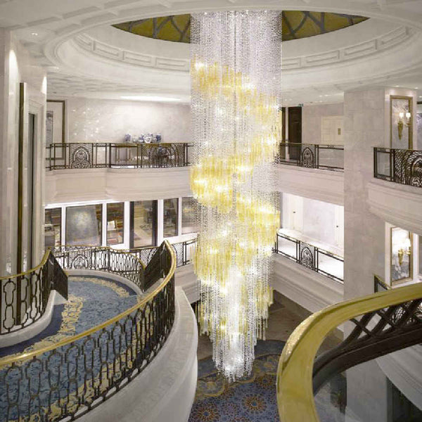 Long spiral crystal chandelier for hotel lobby