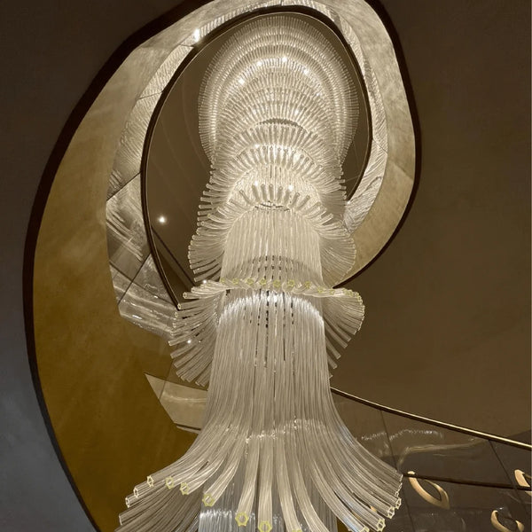 Spiral glass staircase chandelier