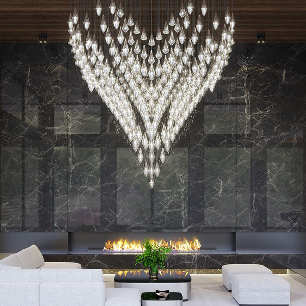 Long hand blown art glass chandelier for stairwell